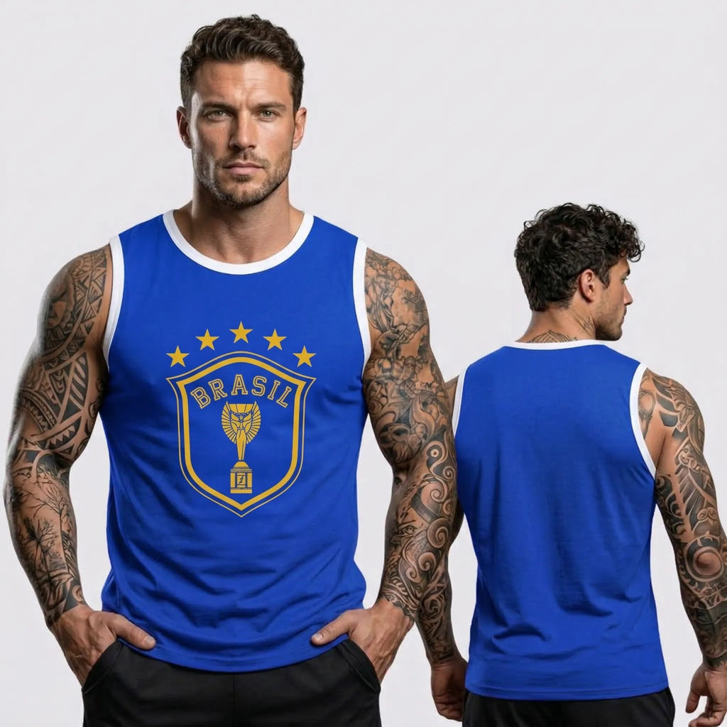 Homem vestindo regata machão brasil estrelas algodão azul regular VAI DAR BRASIL — torcedor Copa 2026