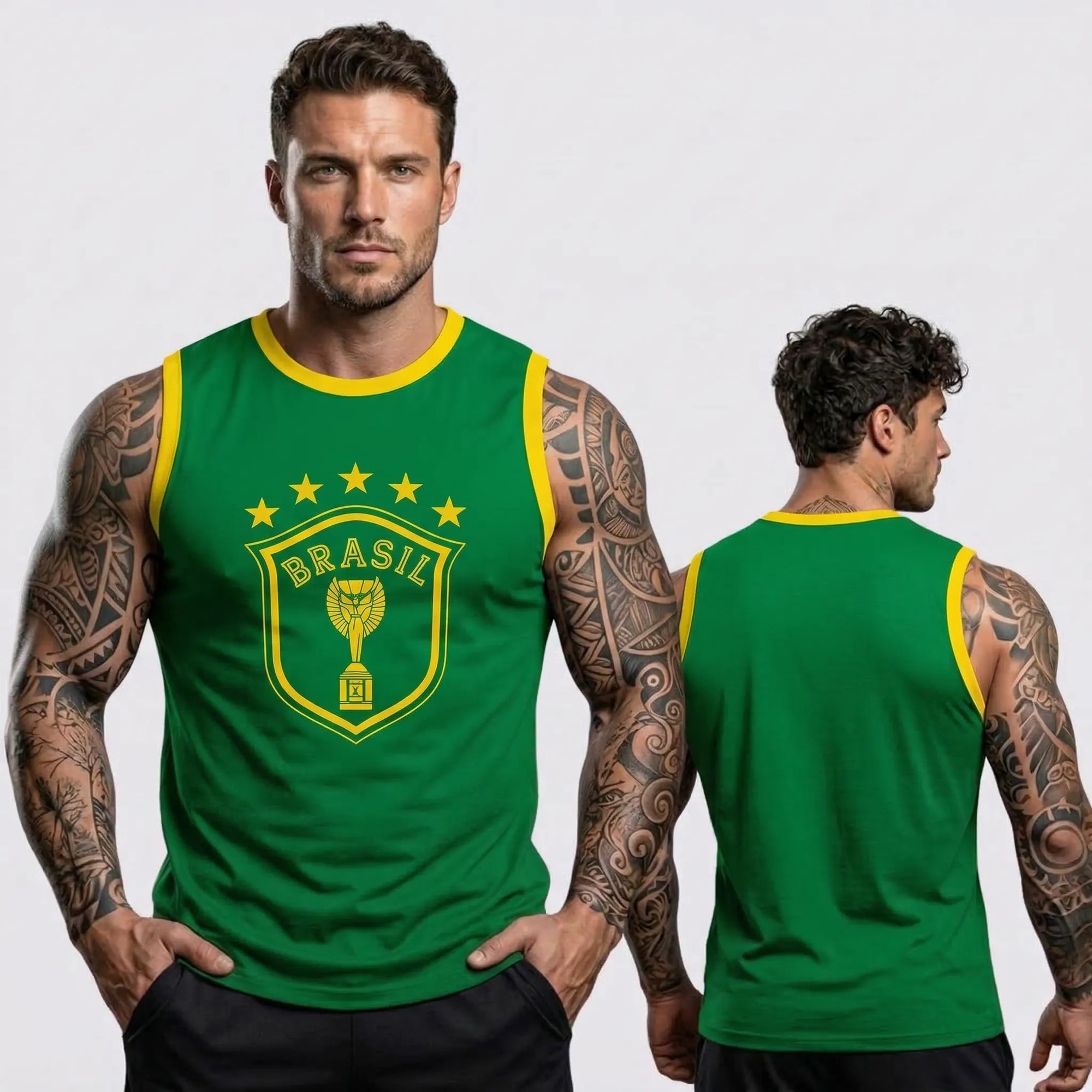 Homem vestindo regata machão brasil estrelas algodão verde regular VAI DAR BRASIL — torcedor Copa 2026