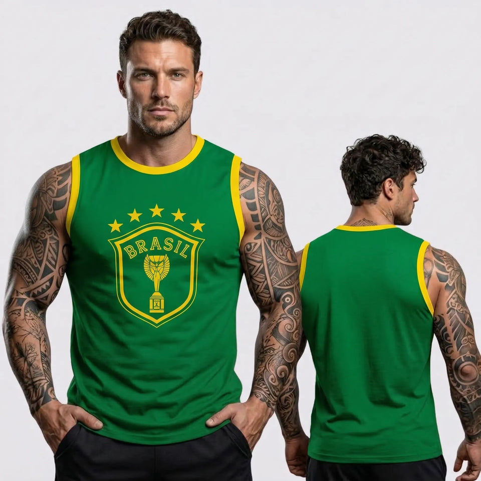 Homem vestindo regata machão brasil estrelas algodão verde regular VAI DAR BRASIL — torcedor Copa 2026