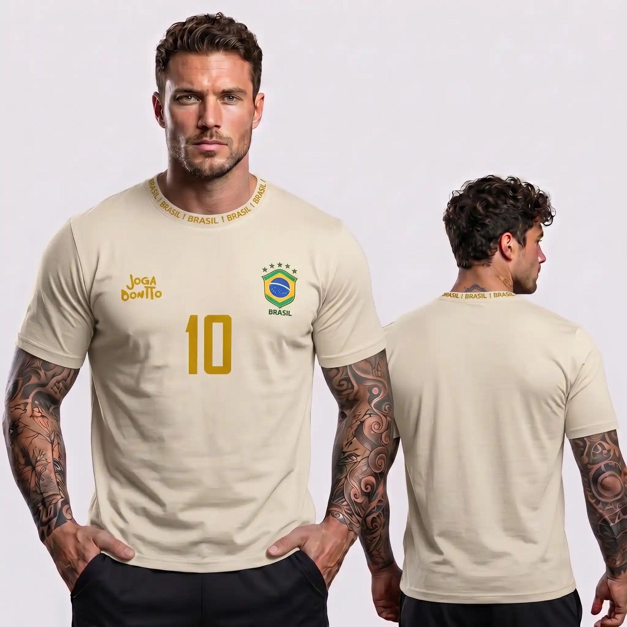 Camiseta masculina brasil faixa streetwear bege brasão BRASIL frontal — vista frente — VAI DAR BRASIL Copa 2026