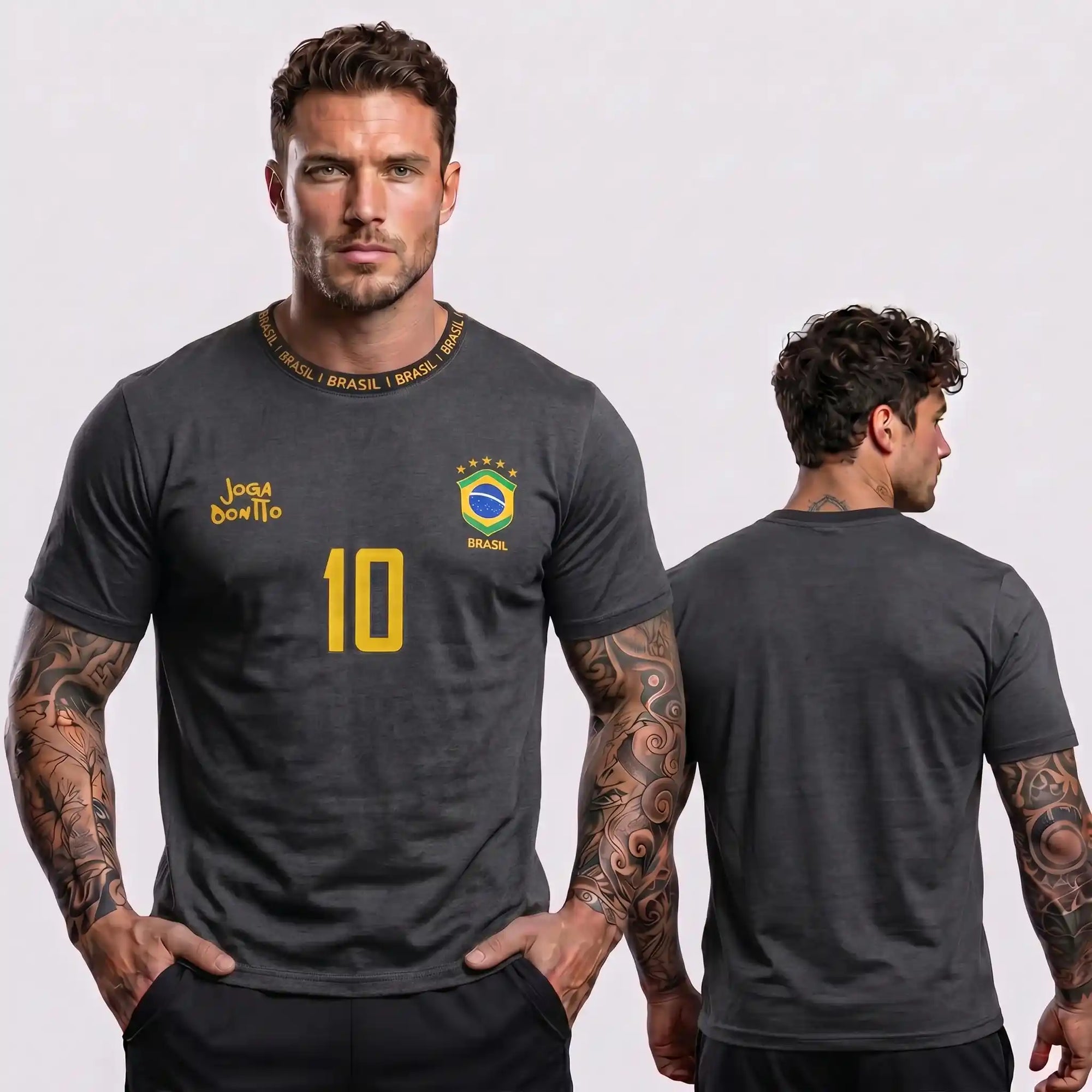 Camiseta masculina brasil faixa streetwear cinza brasão BRASIL frontal — vista frente — VAI DAR BRASIL Copa 2026