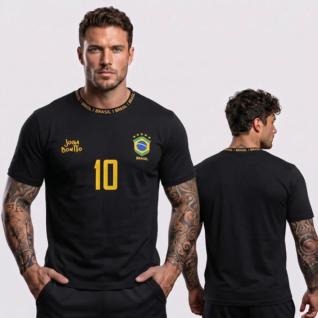 Camiseta masculina brasil faixa streetwear preta brasão BRASIL frontal — vista frente — VAI DAR BRASIL Copa 2026