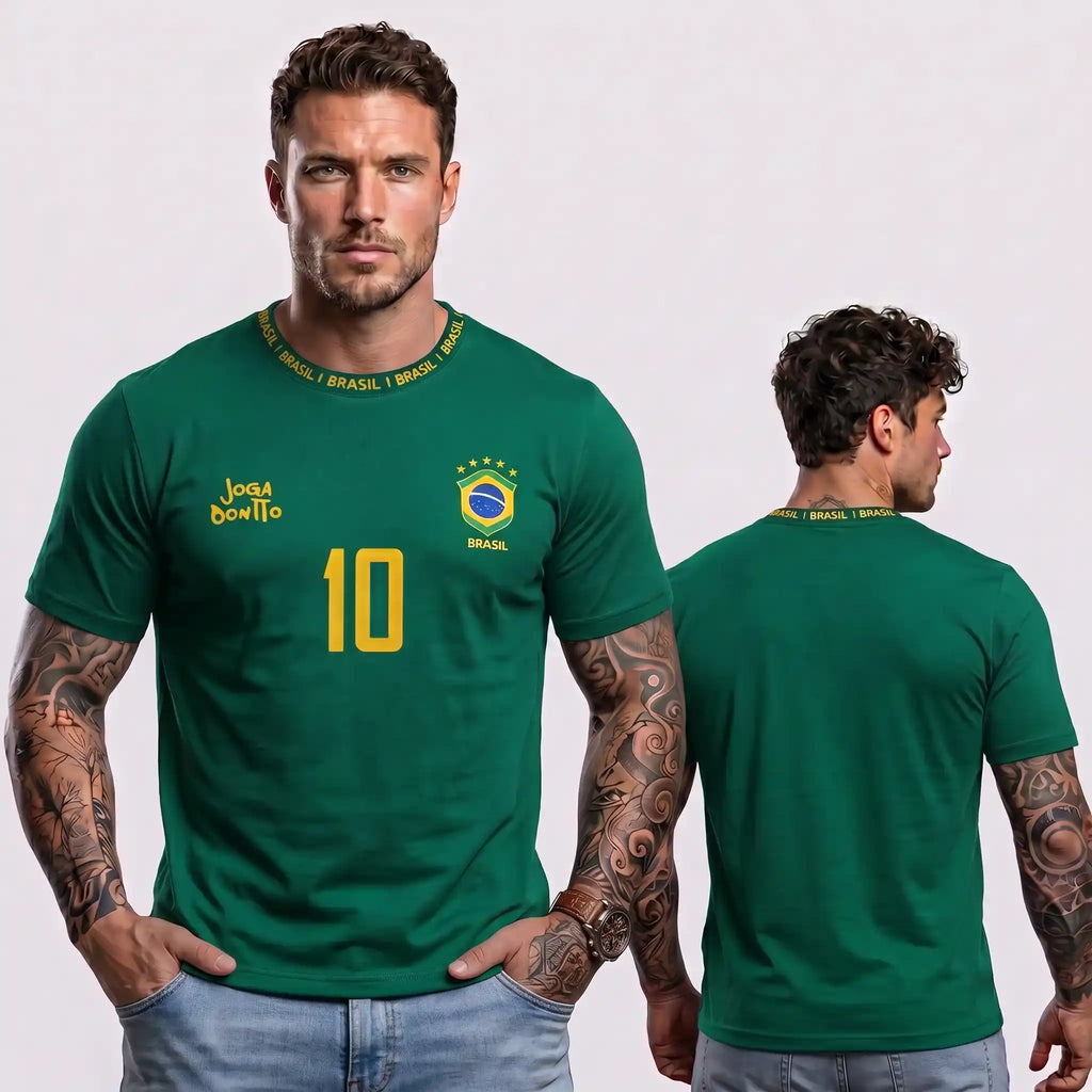 Camiseta masculina brasil faixa streetwear verde brasão BRASIL frontal — vista frente — VAI DAR BRASIL Copa 2026