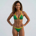 Mulher vestindo biquíni brasil bicolor forro duplo suplex verde VAI DAR BRASIL — moda praia Copa 2026