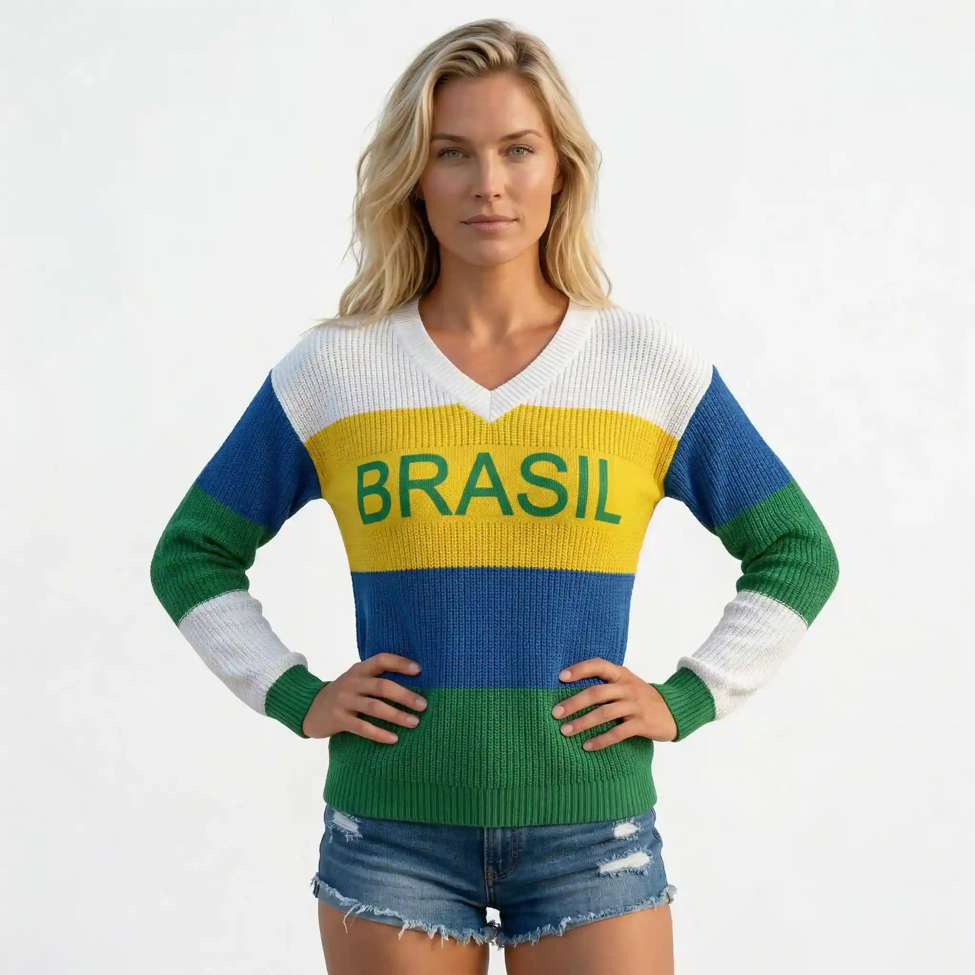 Mulher vestindo blusa feminina brasil tricot manga longa gola V VAI DAR BRASIL — torcedora Copa 2026