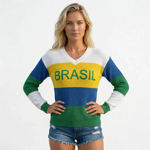 Mulher vestindo blusa feminina brasil tricot manga longa gola V VAI DAR BRASIL — torcedora Copa 2026