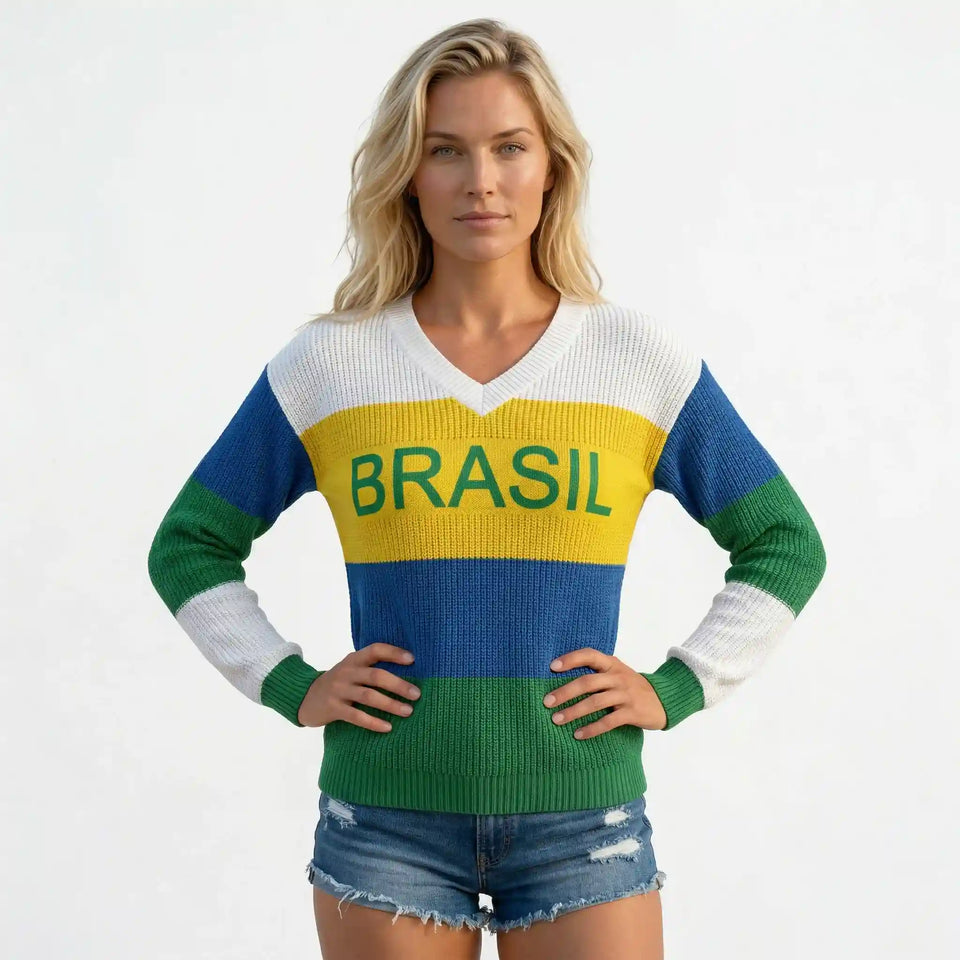 Mulher vestindo blusa feminina brasil tricot manga longa gola V VAI DAR BRASIL — torcedora Copa 2026