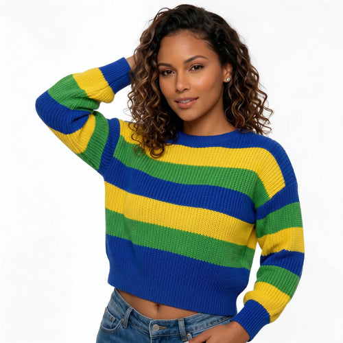 Mulher vestindo blusa tricot oversized manga longa cores brasil VAI DAR BRASIL — torcedora Copa 2026