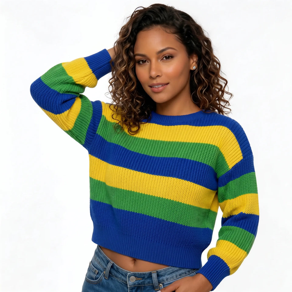 Mulher vestindo blusa tricot oversized manga longa cores brasil VAI DAR BRASIL — torcedora Copa 2026
