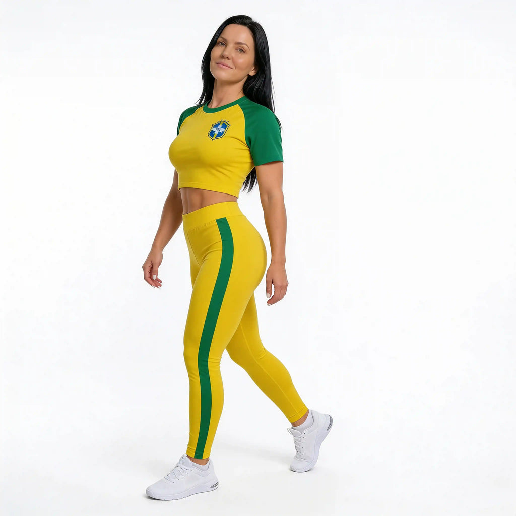 Conjunto Feminino Cropped Manga Curta + Calça CBF Copa 2026 | VAI DAR BRASIL