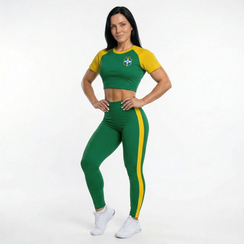 Conjunto Feminino Cropped Manga Curta + Calça CBF Copa 2026 | VAI DAR BRASIL