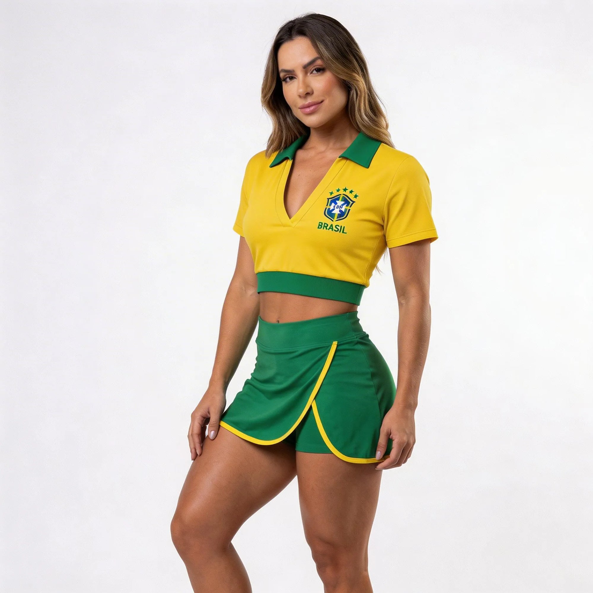 Mulher vestindo cropped colarinho bojo brasil suplex amarelo baby look VAI DAR BRASIL — torcedora Copa 2026