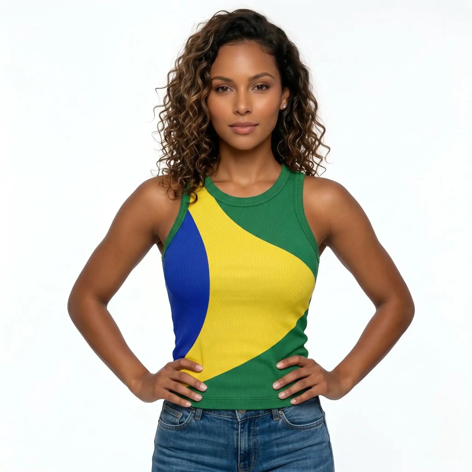 Mulher vestindo regata feminina brasil ribana canelada slim verde VAI DAR BRASIL — torcedora Copa 2026