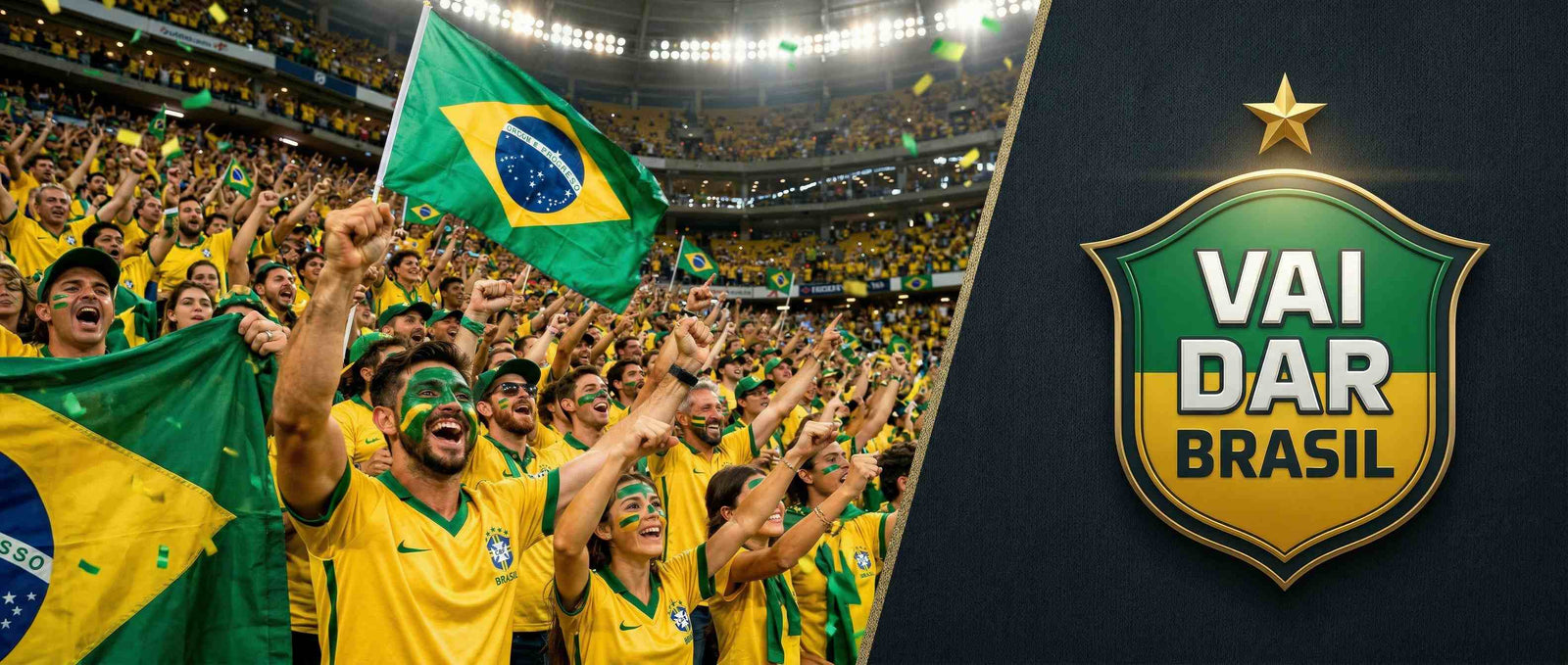 Lançamento VAI DAR BRASIL — a loja da torcida brasileira para a Copa 2026. Roupas, bonés e acessórios verde e amarelo.