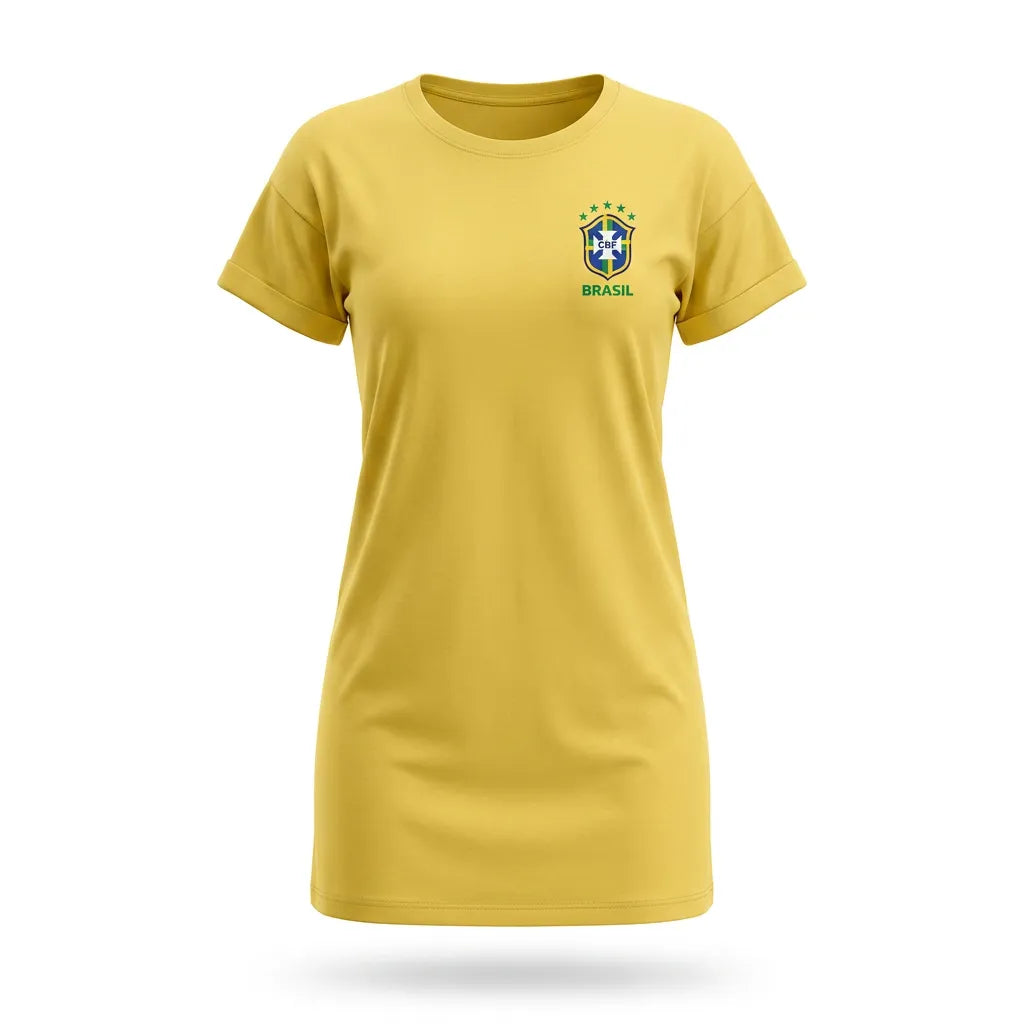 Vestido brasil oversized brasão algodão amarelo — vista frontal — VAI DAR BRASIL Copa 2026 soltinho