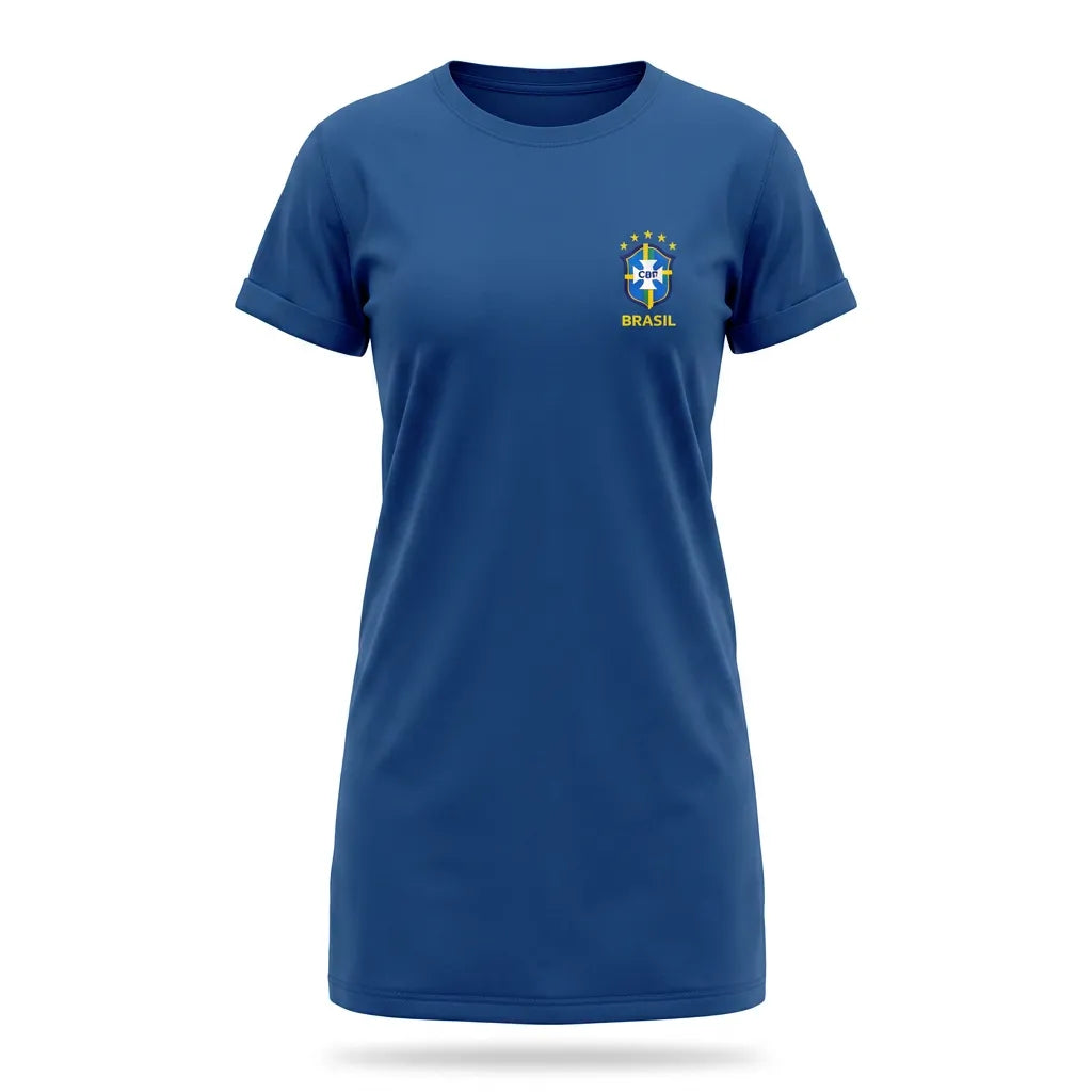 Vestido brasil oversized brasão algodão azul — vista frontal — VAI DAR BRASIL Copa 2026 soltinho