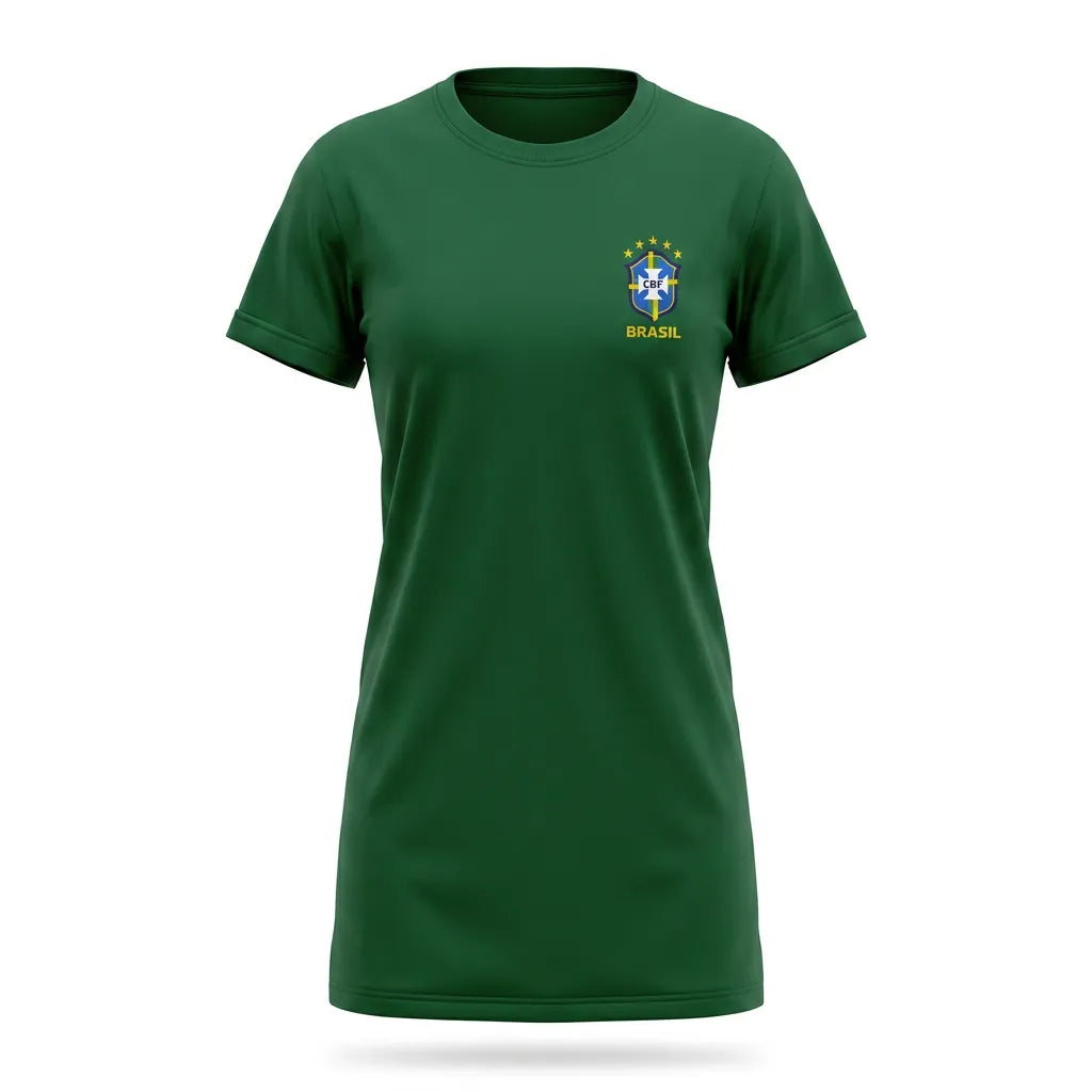 Vestido brasil oversized brasão algodão verde — vista frontal — VAI DAR BRASIL Copa 2026 soltinho