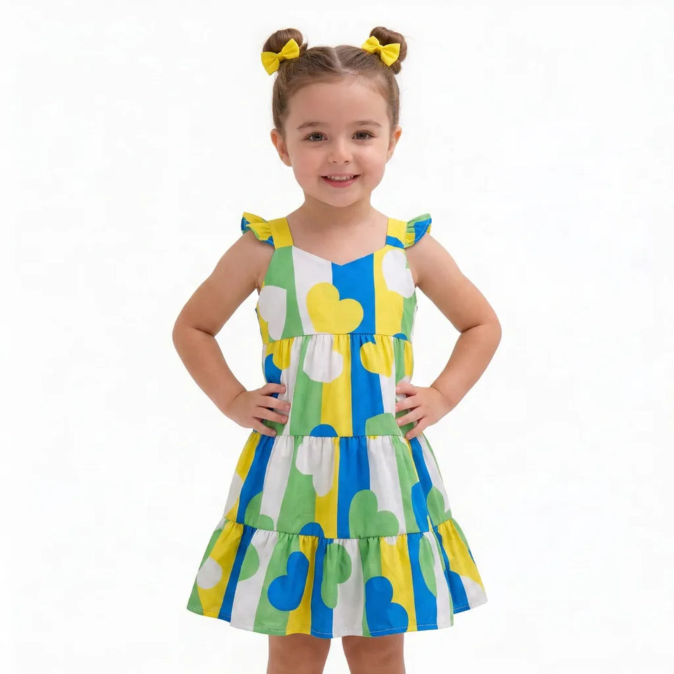 Menina vestindo vestido infantil coração brasil seda verde amarelo — look Copa 2026 VAI DAR BRASIL encanto afetivo