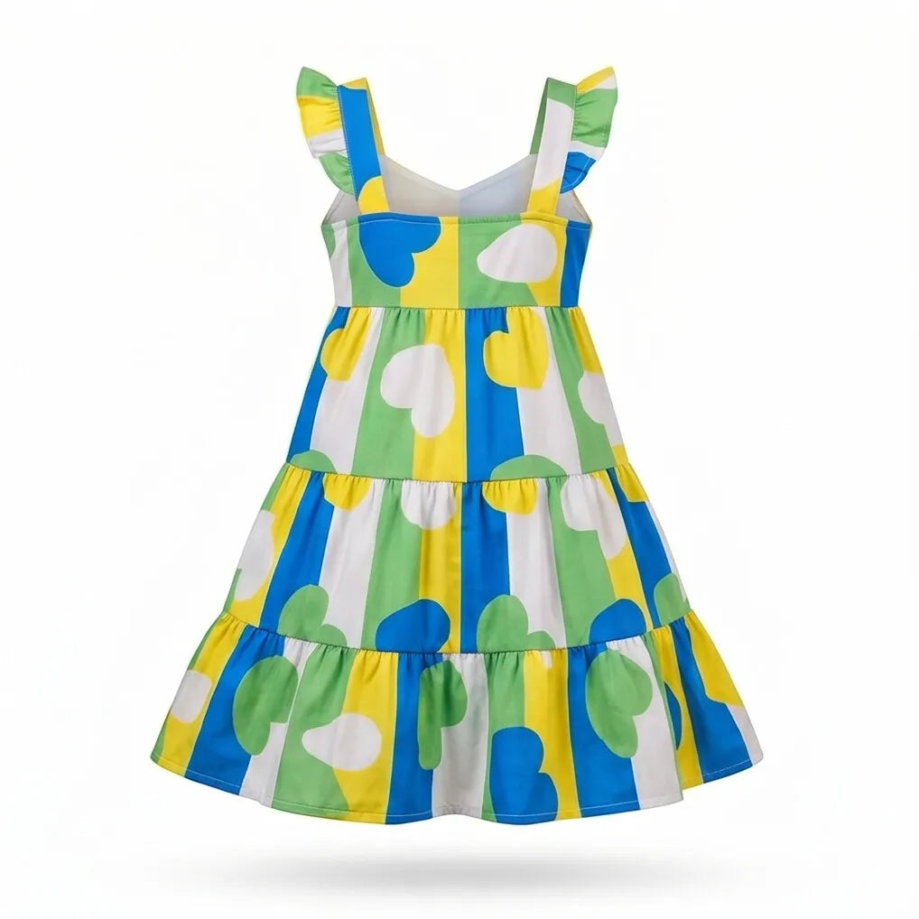 Vista traseira vestido infantil coração brasil seda verde amarelo brilho — caimento fluido Copa 2026 VAI DAR BRASIL