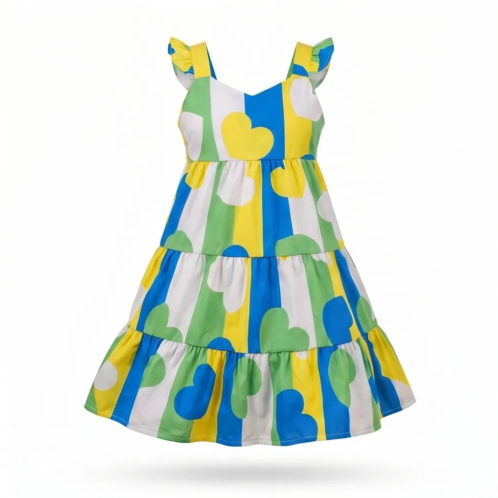 Vestido infantil coração brasil seda verde amarelo — vista frontal — VAI DAR BRASIL Copa 2026 menina encantadora