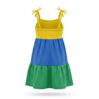 Vista traseira vestido infantil alças laço tricolor brasil verde azul amarelo algodão — VAI DAR BRASIL Copa 2026 menina