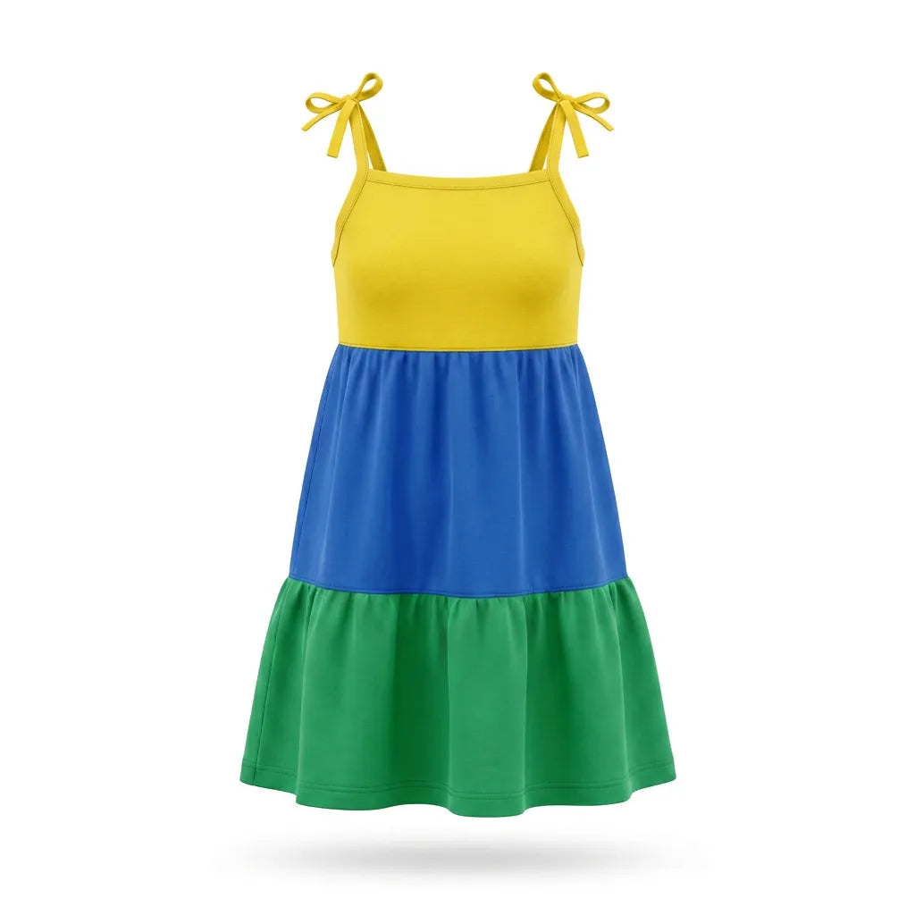Vestido infantil alças laço tricolor verde azul amarelo brasil 100% algodão — vista frontal — VAI DAR BRASIL Copa 2026