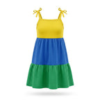 Vestido infantil alças laço tricolor verde azul amarelo brasil 100% algodão — vista frontal — VAI DAR BRASIL Copa 2026