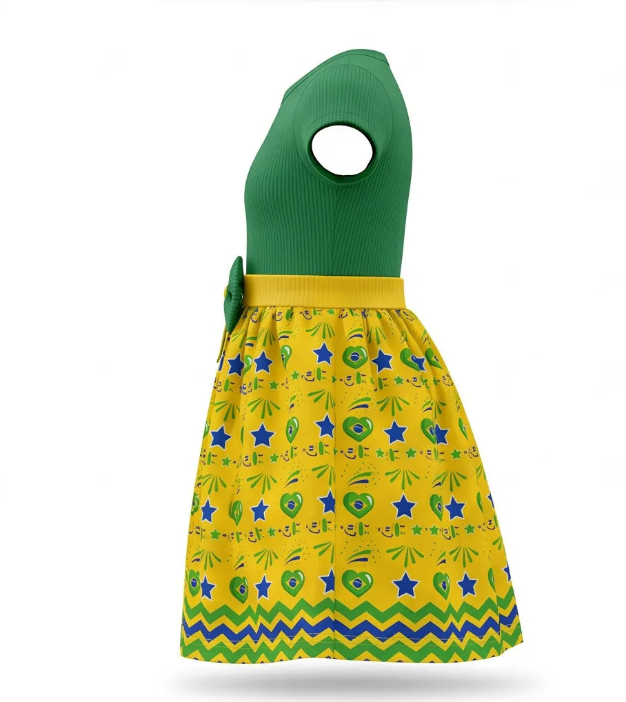 Vestido Infantil Festa Brasil ✦ Verde Amarelo Coração Copa | VAI DAR BRASIL