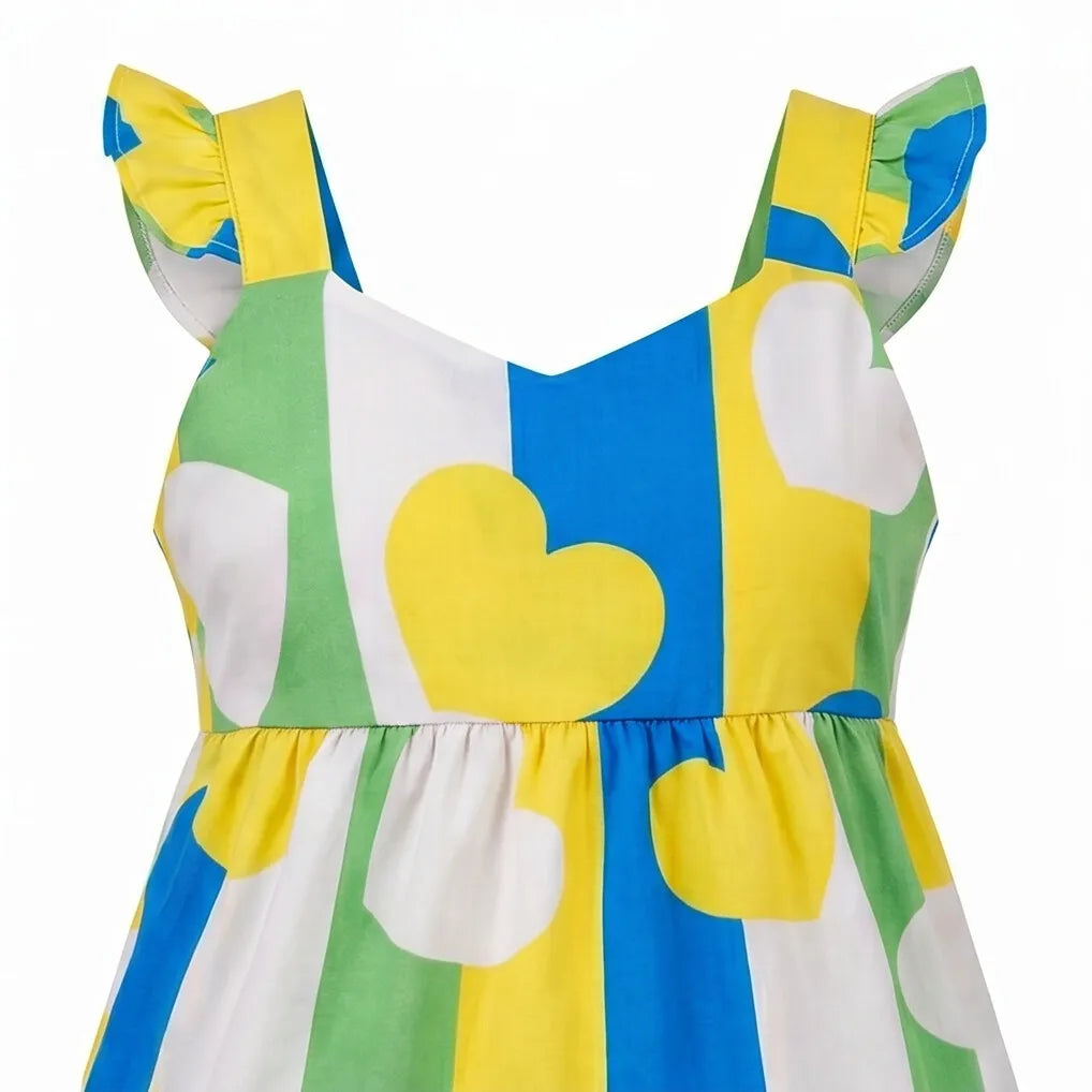 Vestido Coração Brasil Infantil ✦ Seda Verde Amarelo | VAI DAR BRASIL