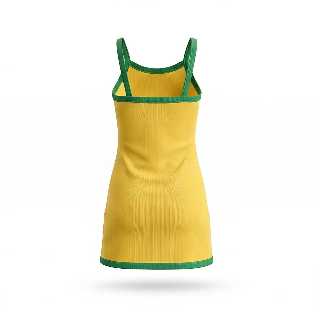 Vista traseira do vestido infantil canelado brasil ribana bandeira estilizada amarelo — VAI DAR BRASIL Copa 2026