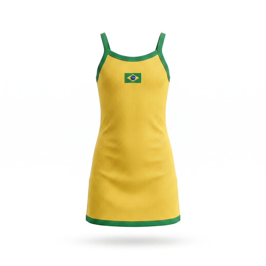 Vestido infantil canelado ribana brasil bandeira amarelo — vista frontal — VAI DAR BRASIL Copa 2026 menina