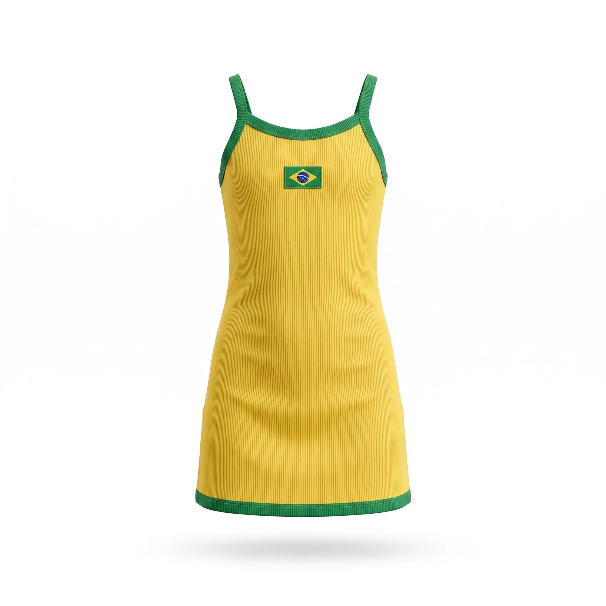 Vestido infantil canelado ribana brasil bandeira amarelo — vista frontal — VAI DAR BRASIL Copa 2026 menina