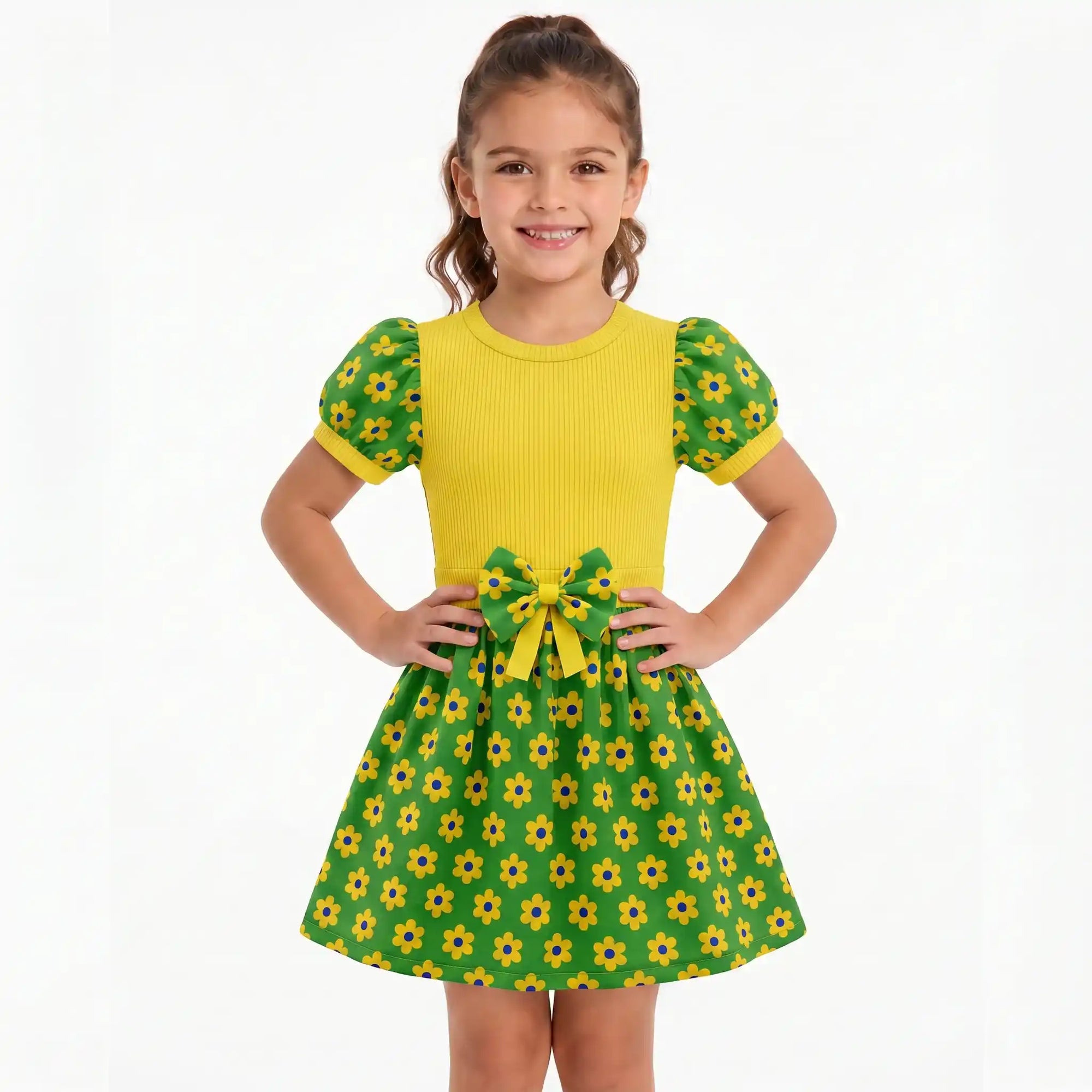 Menina vestindo vestido infantil floral brasil flores verde amarelo — look festa torcida Copa 2026 VAI DAR BRASIL encanto