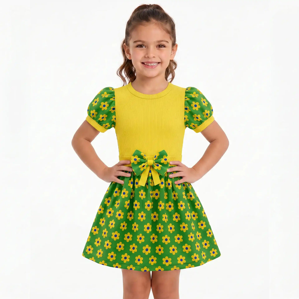 Menina vestindo vestido infantil floral brasil flores verde amarelo — look festa torcida Copa 2026 VAI DAR BRASIL encanto