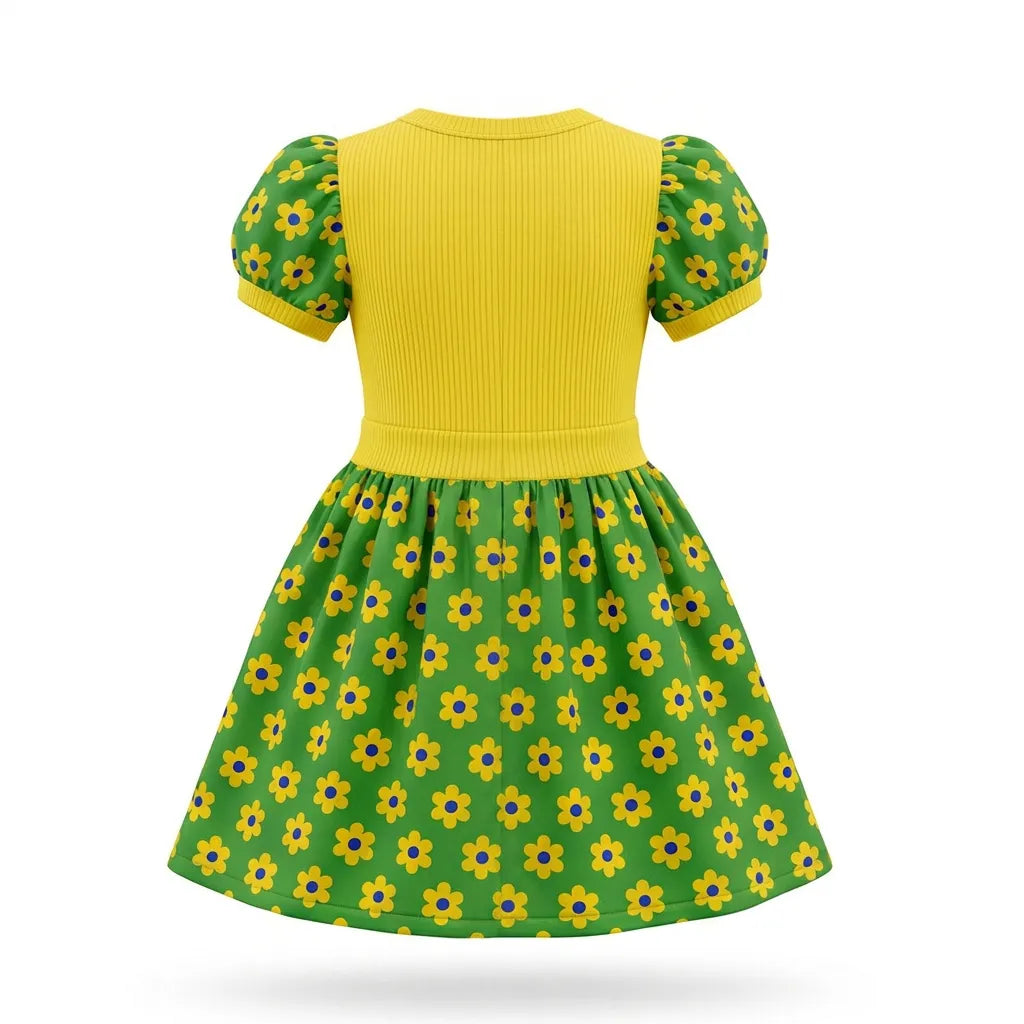 Vista traseira do vestido infantil floral brasil verde amarelo algodão poliéster flores — VAI DAR BRASIL Copa 2026 menina