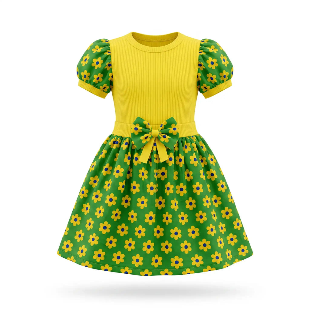 Vestido infantil floral brasil flores verde amarelo algodão — vista frontal — VAI DAR BRASIL Copa 2026 menina encantadora