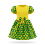 Vestido infantil floral brasil flores verde amarelo algodão — vista frontal — VAI DAR BRASIL Copa 2026 menina encantadora