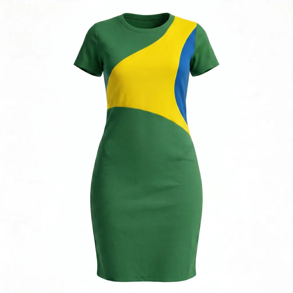 Vestido tubinho brasil ribana canelada manga curta tricolor verde amarelo azul slim — VAI DAR BRASIL Copa 2026