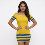 Modelo vestindo vestido tubinho listrado brasil amarelo azul slim — look Copa 2026 VAI DAR BRASIL ousado