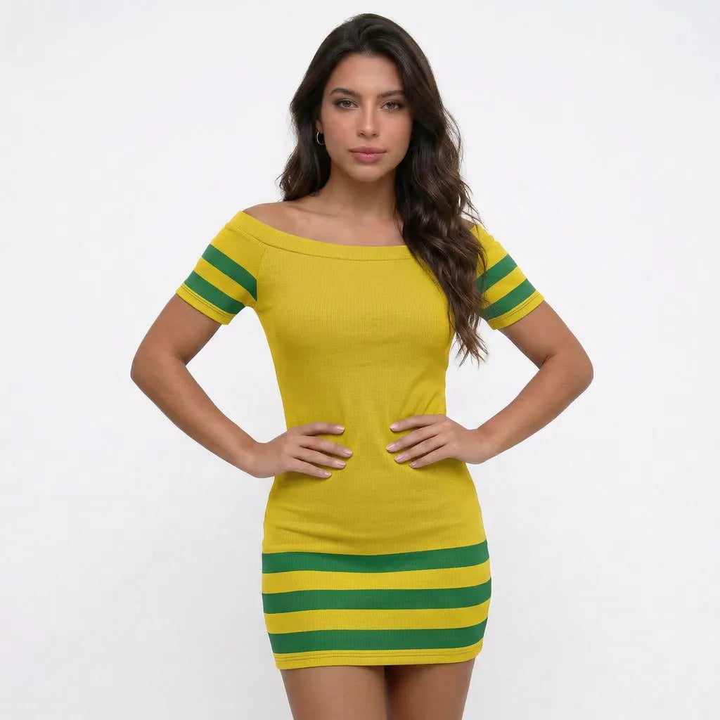 Modelo vestindo vestido tubinho listrado brasil amarelo verde slim — look Copa 2026 VAI DAR BRASIL ousado