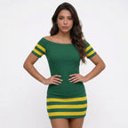 Modelo vestindo vestido tubinho listrado brasil verde amarelo slim — look Copa 2026 VAI DAR BRASIL ousado
